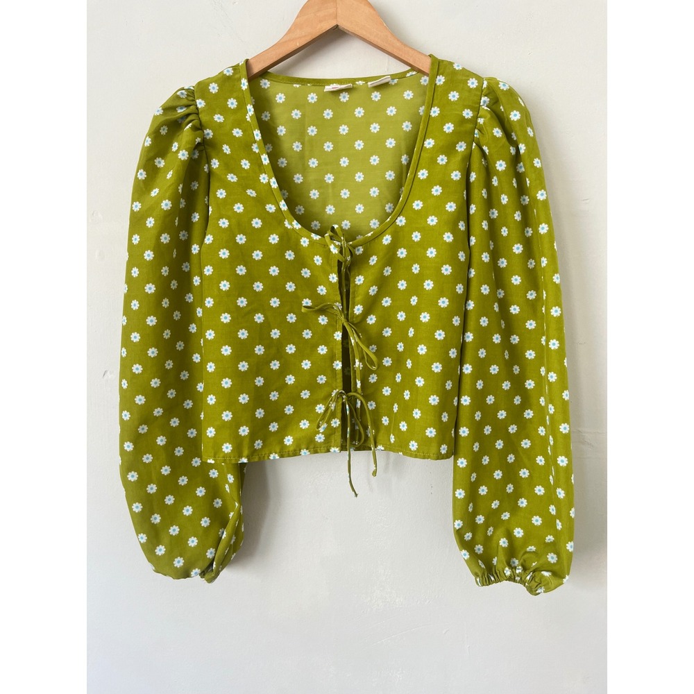 Levis Womens Green Floral Daisy Tie Front Puff Sleeve Crop Top Blouse Small